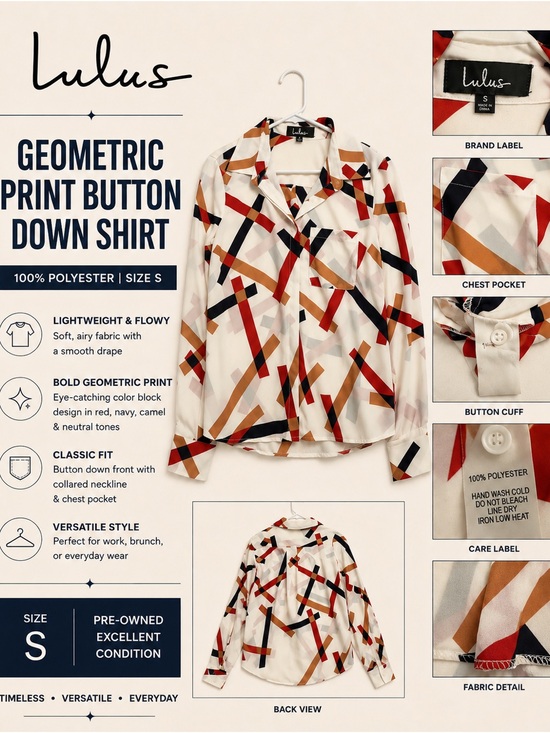 Lulus Tops - Lulu's White Geometric Print Blouse with Red, Navy & Tan Accents